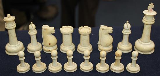 A Victorian Staunton pattern turned bone chess set & 2 others